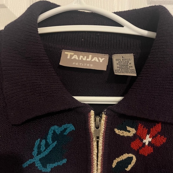 Vintage Purple Full Zip Sweater with Embroidered Flowers Large Boho Colouful - Picture 3 of 4